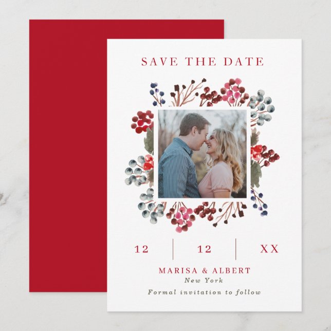 Winter Berry Frame Wedding Photo Save The Date (Front/Back)