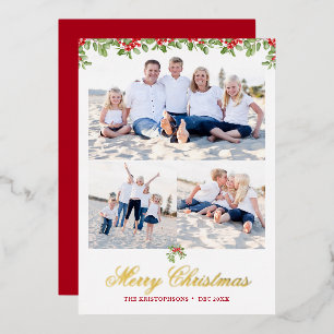 Winter Berry Garland 3 Photo Christmas Greeting Foil Holiday Card