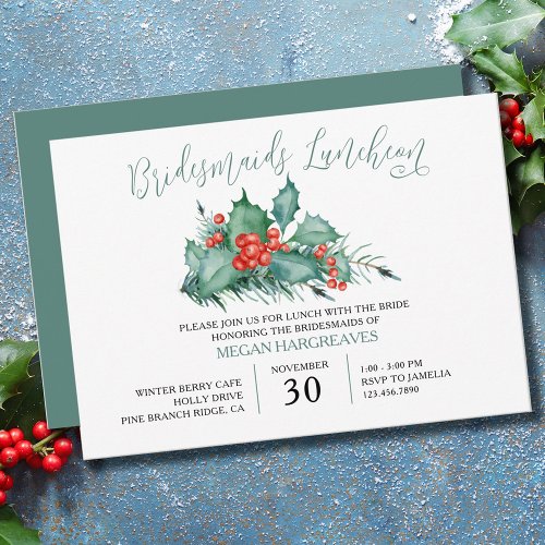 Winter Berry Holly and Pine Bridesmaids Luncheon Invitation
