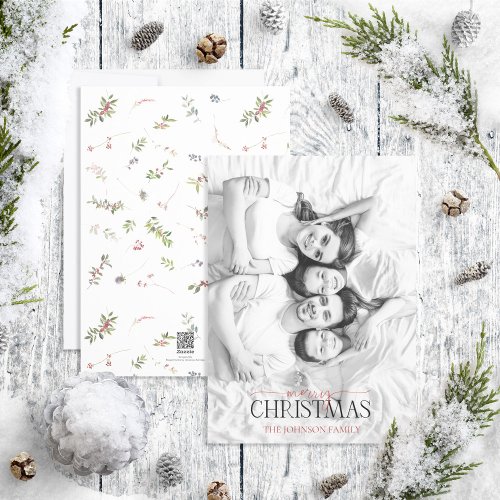 Winter Berry Merry Christmas Black  White Photo H Holiday Card