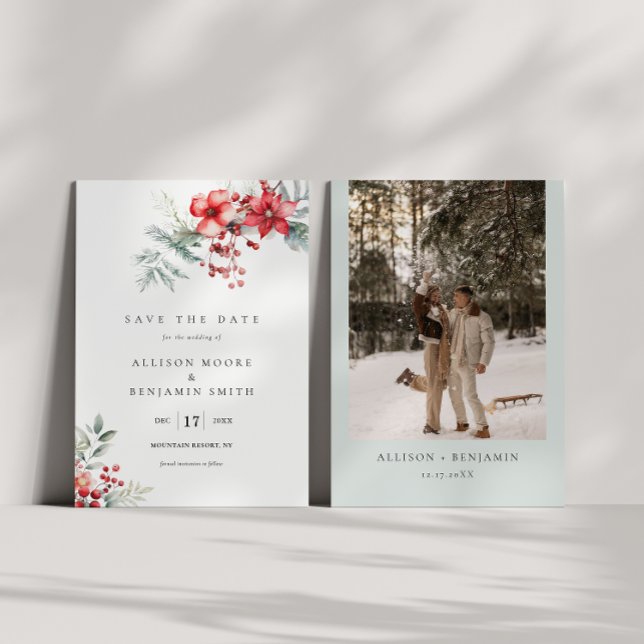 Winter Berry Poinsettia Save The Date Card (Creator Uploaded)