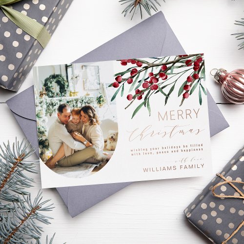 Winter Berry Script Christmas One Photo Arch Foil Holiday Card