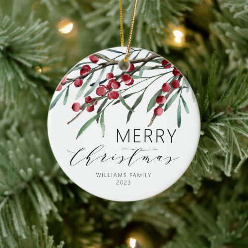 Winter Berry Script Merry Christmas Holiday Ceramic Ornament