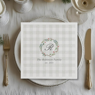 Winter Berry Wreath Family Name Initial Christmas Napkins
