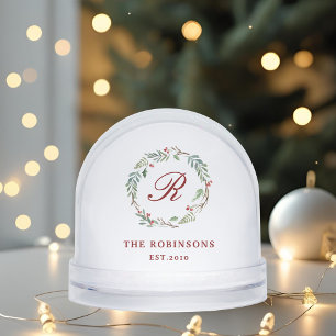 Winter Berry Wreath Family Name Monogram Snow Globe
