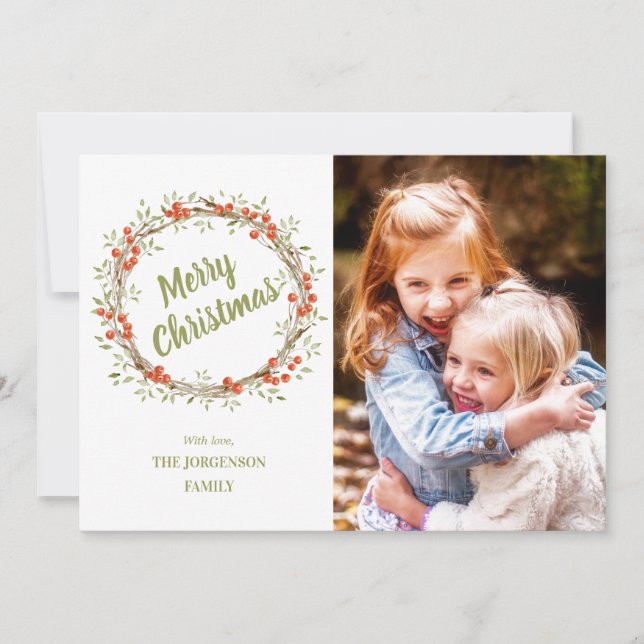 Winter Berry Wreath | Photo Christmas Holiday Card (Front)