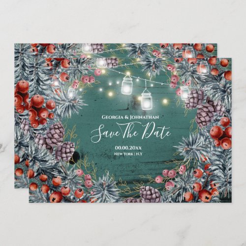 Winter berry wreath string lights Christmas shine Save The Date