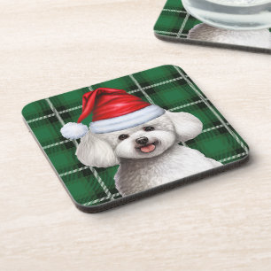Winter Bichon Frise Dog Holiday Green Plaid Beverage Coaster
