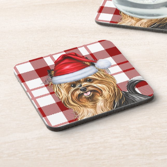 Winter Biewer Terrier Dog Holiday Red Plaid Beverage Coaster (Left Side)