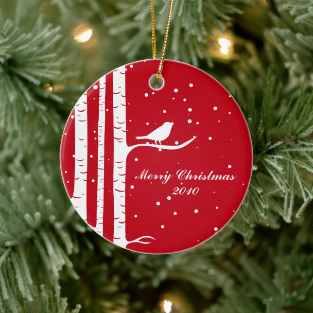 Winter Birch and Bird Ceramic Ornament (Tree)