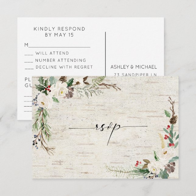 Winter Birch Calligraphy Botanicals Wedding RSVP Invitation (Front/Back)