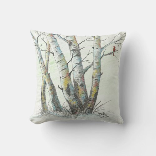 Winter Birches Colored Pencil Art Throw Pillow