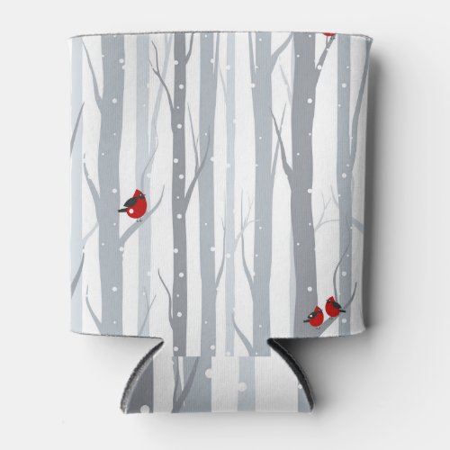 Winter Birches Grey Trees Red Birds Can Cooler
