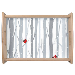 Winter Birches: Grey Trees, Red Birds Serving Tray