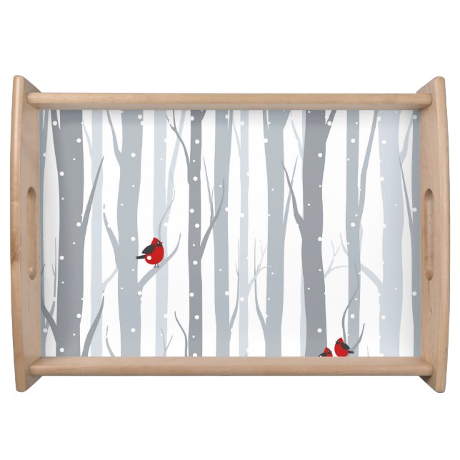 Winter Birches: Grey Trees, Red Birds Serving Tray (Front)