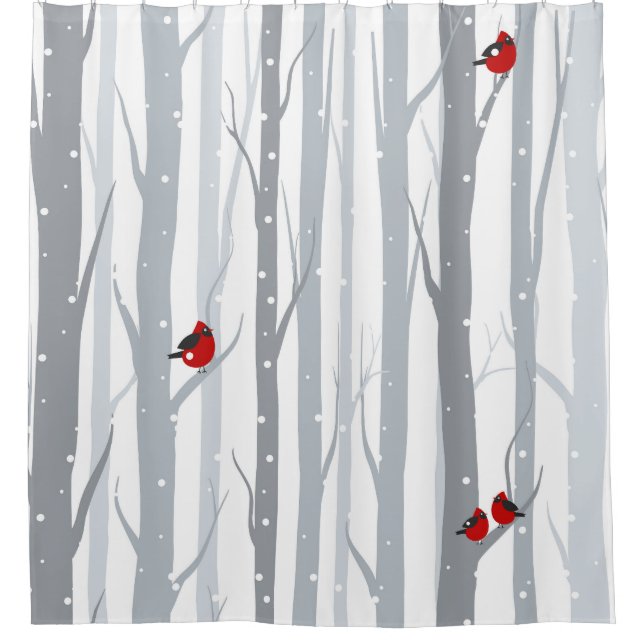 Winter Birches: Grey Trees, Red Birds Shower Curtain (Front)