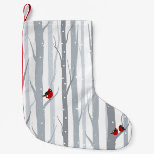 Winter Birches: Grey Trees, Red Birds Small Christmas Stocking