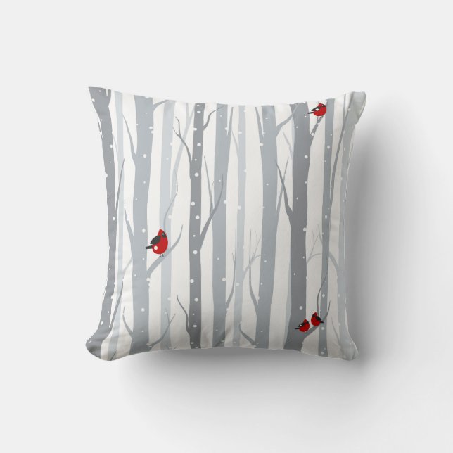Winter Birches: Grey Trees, Red Birds Throw Pillow (Front)