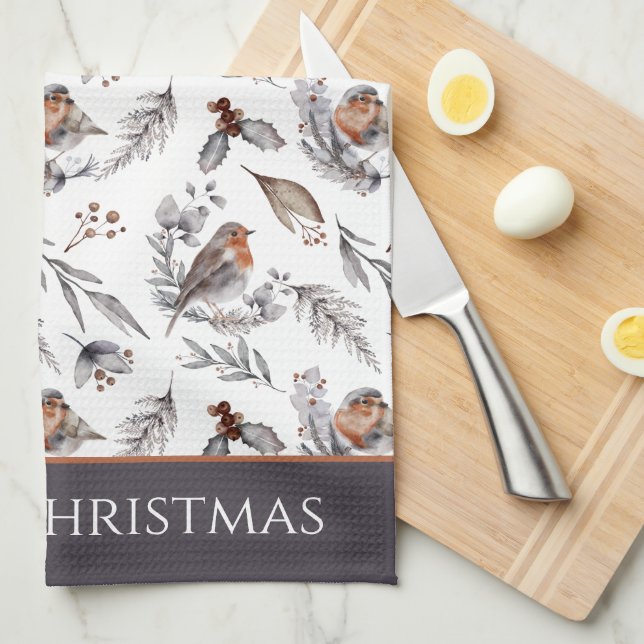 Winter Bird and Holly Pattern Christmas Kitchen Towel (Quarter Fold)