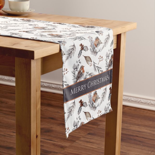 Winter Bird and Holly Pattern Christmas Medium Table Runner (In Situ)