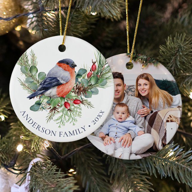Winter Bird Christmas Bullfinch Family Photo  Ceramic Ornament (Creator Uploaded)