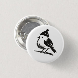 Winter Bird in Beanie – Ink Brush Minimalism on  Button