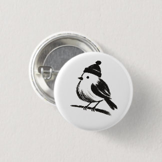 Winter Bird in Beanie – Ink Brush Minimalism on Button