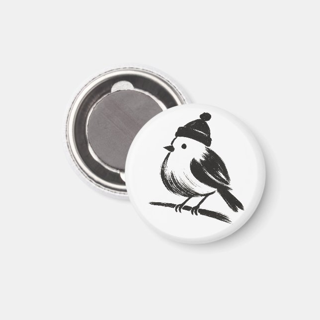 Winter Bird in Beanie – Ink Brush Minimalism on  Magnet (Front/Back)