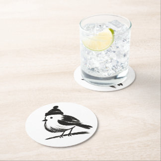 Winter Bird in Beanie – Ink Brush Minimalism on Round Paper Coaster
