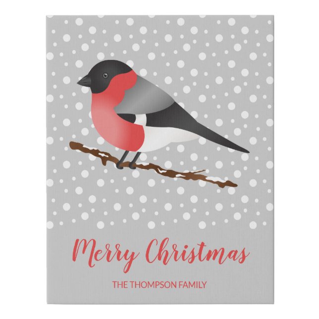 Winter Bird Merry Christmas & Custom Family Name Faux Canvas Print (Front)