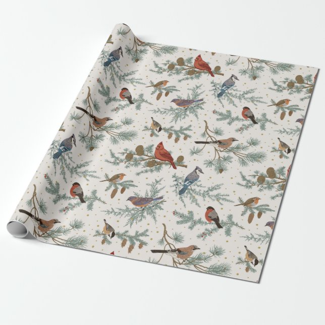 Winter Bird Pattern Gift Wrapping Paper (Unrolled)