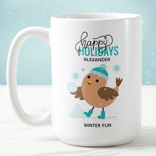Winter Bird Playing in Snow Personalized Coffee Mug