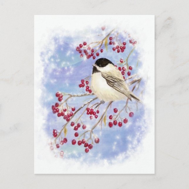 Winter Bird through Snowy Window. Christmas Scene Holiday Postcard (Front)