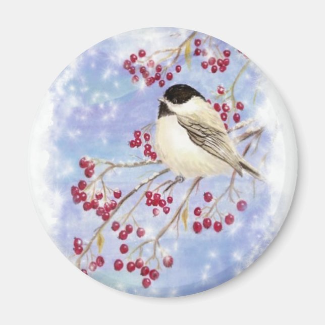 Winter Bird through Snowy Window. Christmas Scene Magnet (Front)