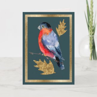Winter Bird with Golden Holly Leaves Card