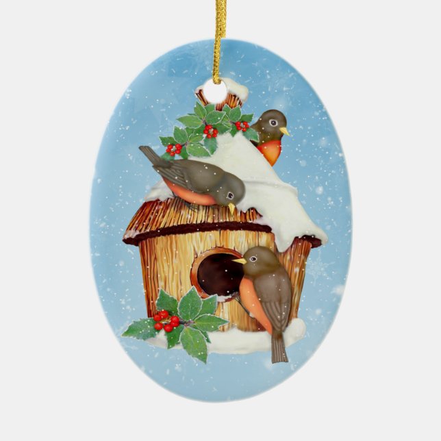 Winter Birds and Birdhouse - Customize Ceramic Ornament (Front)