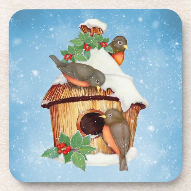 Winter Birds and Birdhouse Drink Coaster (Front)