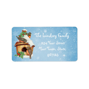 Winter Birds and Birdhouse Label