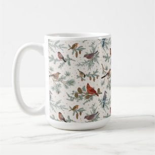 Winter Birds and Pine Branches Pattern Coffee Mug