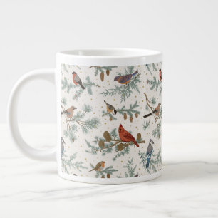 Winter Birds and Pine Branches Pattern Giant Coffee Mug