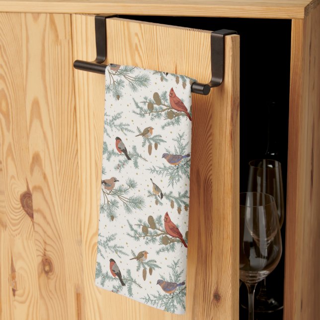 Winter Birds and Pine Branches Pattern Kitchen Towel (Thirds Fold)