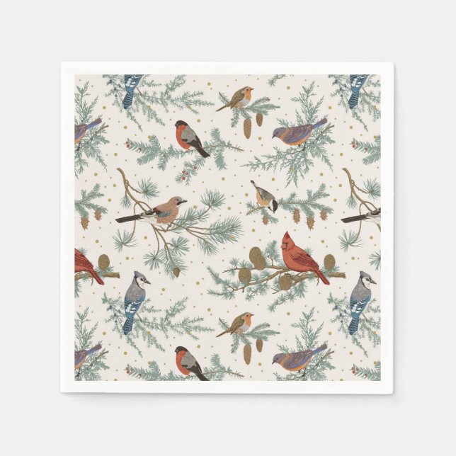 Winter Birds and Pine Branches Pattern Napkins (Front)