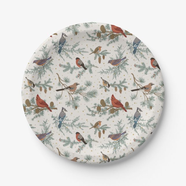 Winter Birds and Pine Branches Pattern Paper Plates (Front)