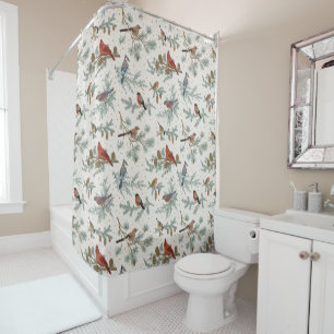 Winter Birds and Pine Branches Pattern Shower Curtain