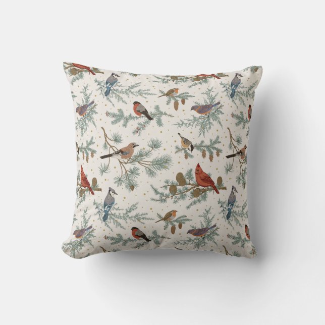 Winter Birds and Pine Branches Pattern Throw Pillow (Front)
