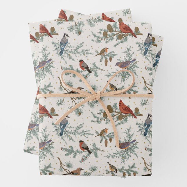 Winter Birds and Pine Branches Pattern Wrapping Paper Sheets (In situ)