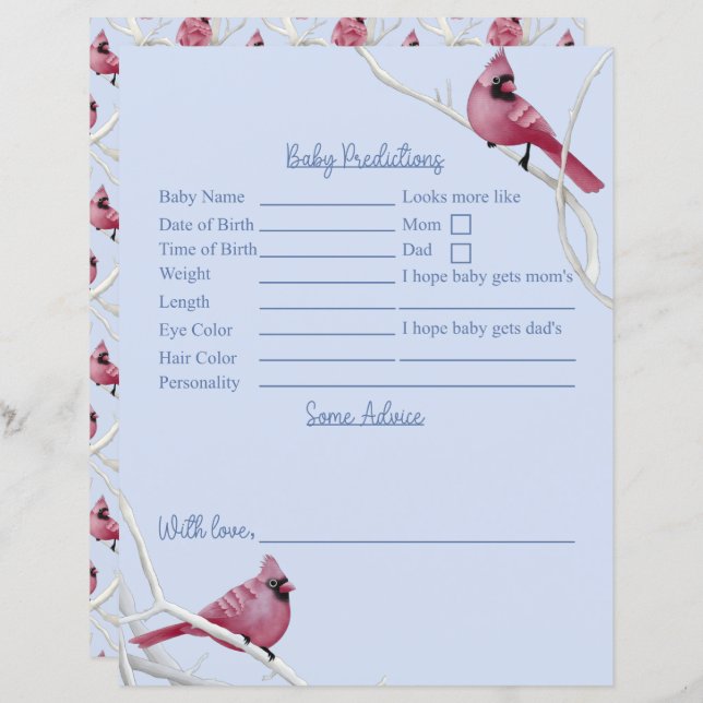 Winter Birds Baby Shower Predictions And Advice (Front/Back)
