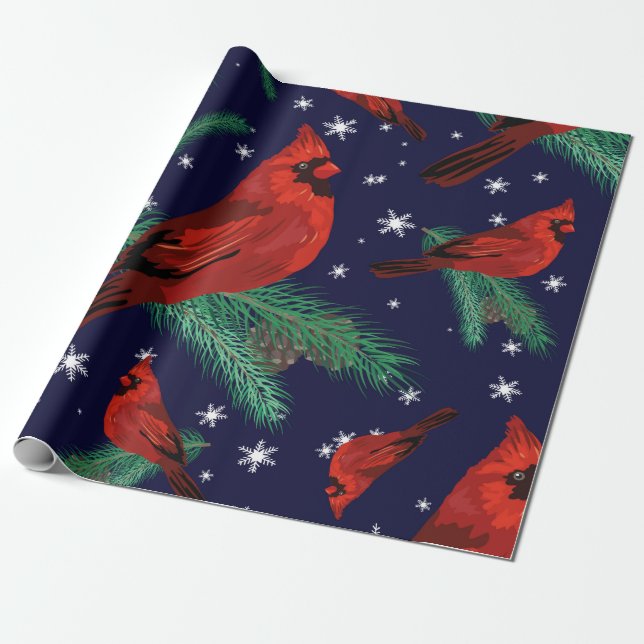 Winter birds - cardinals on fir-tree branches with wrapping paper (Unrolled)