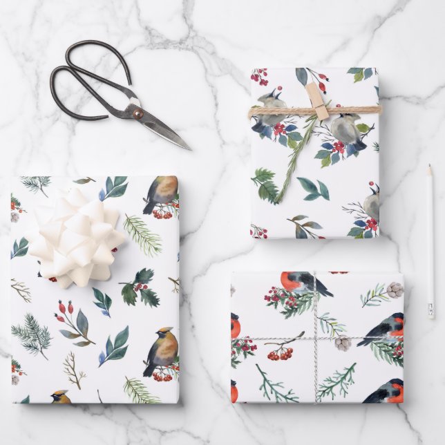 Winter Birds Feeding On Red Berries Christmas Wrapping Paper Sheets (Front)