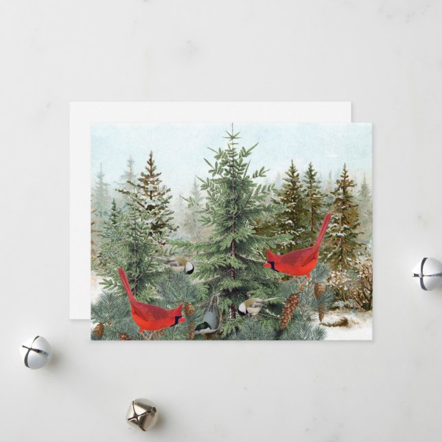 Winter Birds Forest Cardinal Chickadee Nuthatch Holiday Card (Front/Back In Situ)